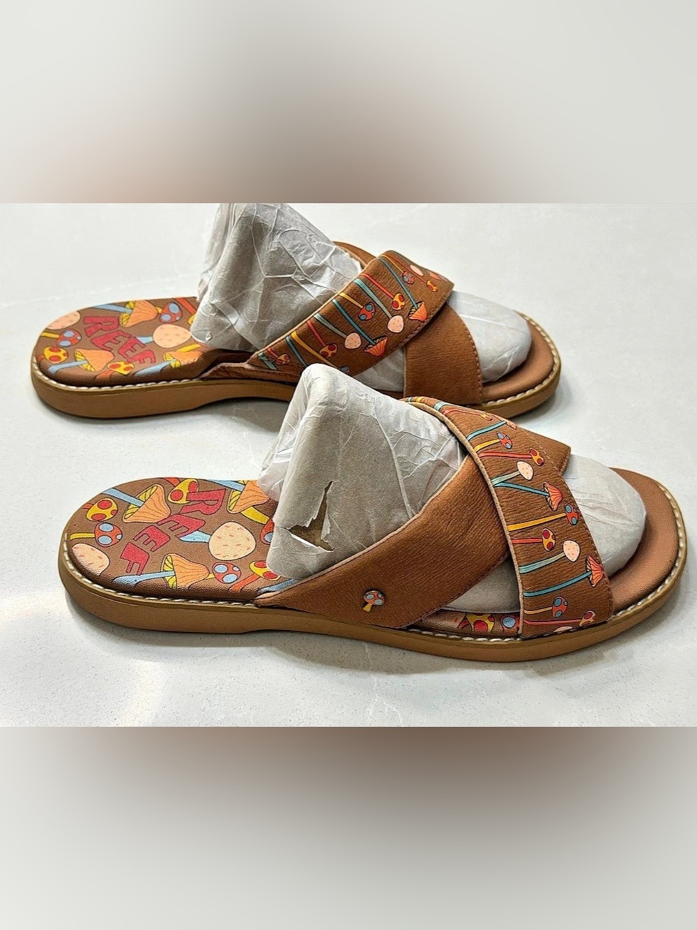 REEF Lofty Lux X Mushroom Print Cross Strap Slide Sandals Size 10